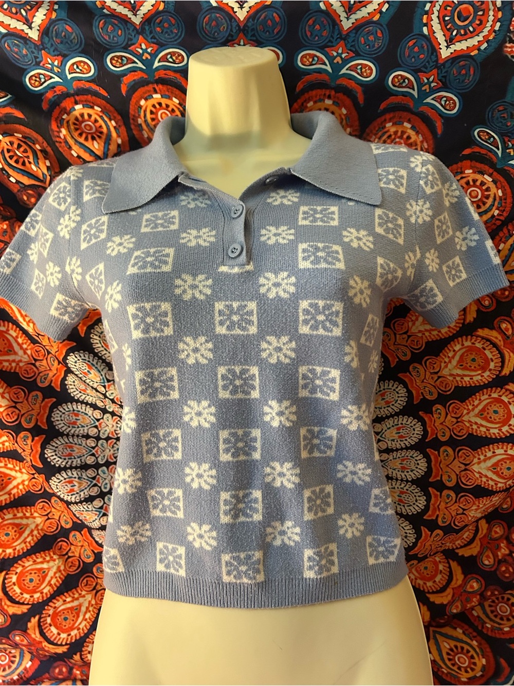 Derek Heart Light Blue Polo Sweater with White Snowflake Motif